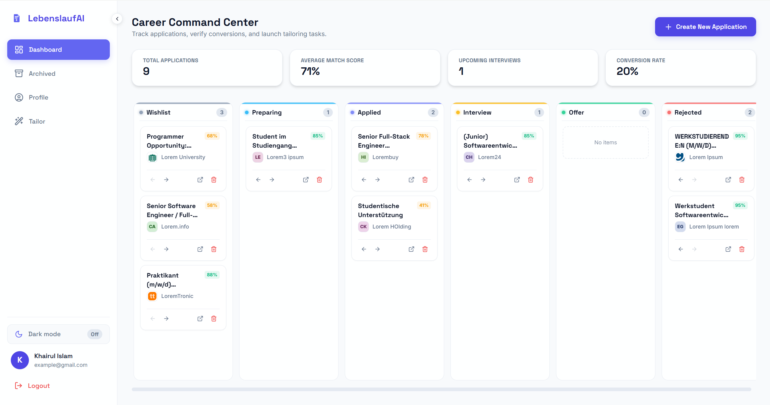 Lebenslauf AI dashboard showing the application tracker Kanban board with match scores and pipeline metrics