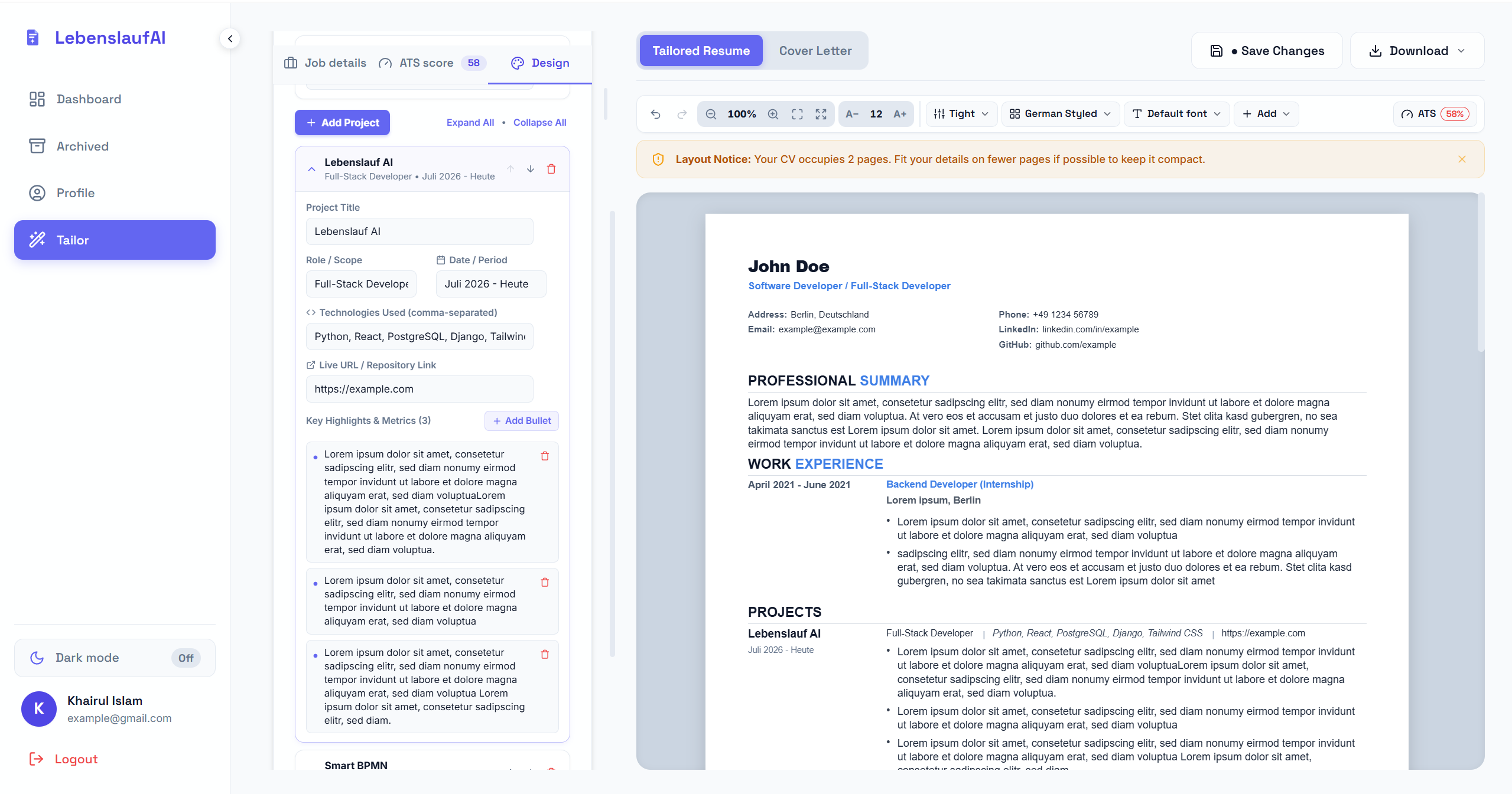 Lebenslauf AI tailor editor with job description input, ATS strategy controls, and paginated A4 CV canvas